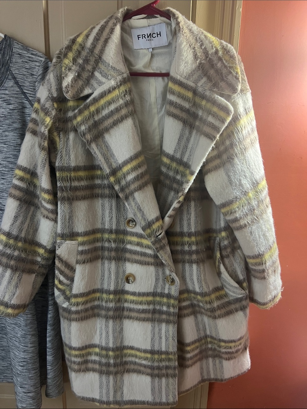 FRNCH Cream Plaid Double-Breasted Pea Coat with Yellow Stripes